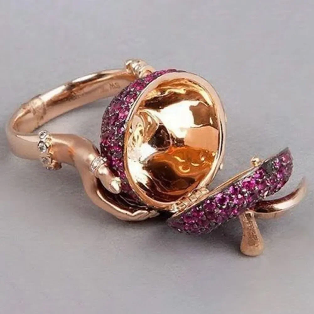 Pink Crystal Apple Poison Ring Womens Secret Compartment Statement Jewelry